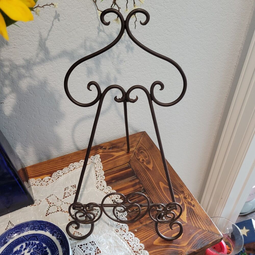 Cast Iron Display Easel Stand Scroll Matte Brown Photo, recipe/plate Holder 16”H
